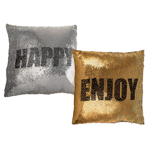 silver/gold coloured sequin cushion/ enjoy  happy